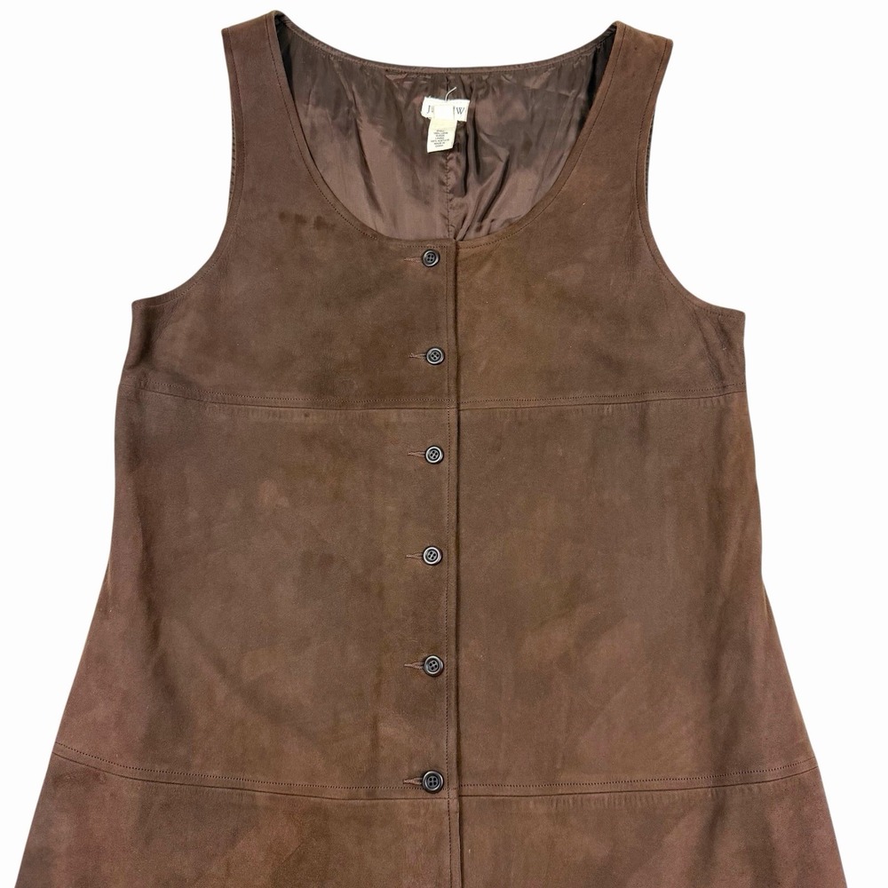 VTG J.Crew Brown Lamb Suede Sleeveless Button Front Jumper Dress‎ Sz M/L 90s